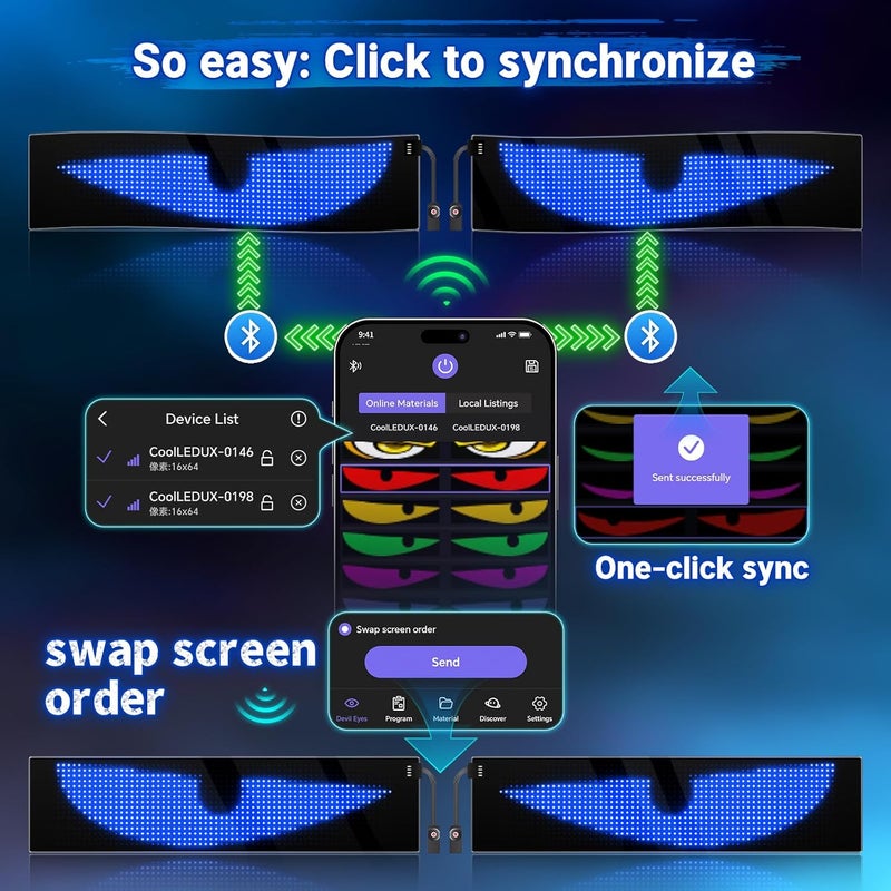 GOTUS Devil Eyes Light for Cars,Flexible Scrolling Programmable LED Signs,LED Eyes for Truck Windshield,Custom Editor Colours,Animations,Text (19"x 5"/2Pcs) - Image 3